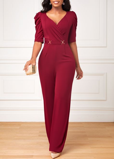 Wine Red Long Heart Collar Surplice Jumpsuit | Rosewe.com - USD $34.98 Wedding Guest Jumpsuit, Jumpsuit Wedding Guest, Formal Romper, Jumpsuit For Wedding Guest, Half Sleeve Jumpsuit, Collar Jumpsuit, Rompers For Women, Evening Jumpsuit, Wedding Jumpsuit