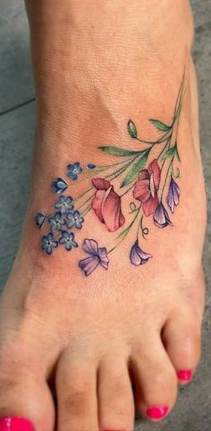 Wildflower Foot Tattoo, Flower Foot Tattoos For Women, Foot Flower Tattoos, Classy Tattoos For Women Elegant, Floral Foot Tattoo, Feminine Flowers, Her Tattoo, Ankle Tattoos For Women, Design Tattoos