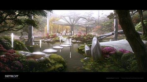 ArtStation - DETROIT : BECOME HUMAN - AMANDA'S GARDEN, Romain Jouandeau Detroit Art, Human Environment, Detroit: Become Human, Quantic Dream, Japanese Zen Garden, Home Greenhouse, Detroit City, Sci Fi Environment, Japanese Zen