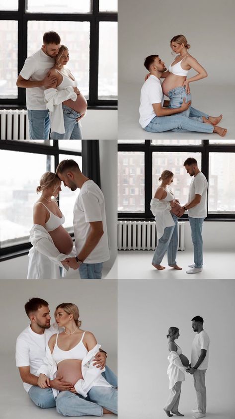 White Wall Maternity Shoot, White T Shirt Maternity Shoot, White Top And Jeans Maternity Shoot, Maternity Photo Shoot Ideas Couples Studio, Pregnancy Pictures With Husband, Jeans And Sports Bra Maternity Shoot, Maternity Photography White Background, Inside Maternity Pictures Ideas, Maternity Photo Shoot Jeans