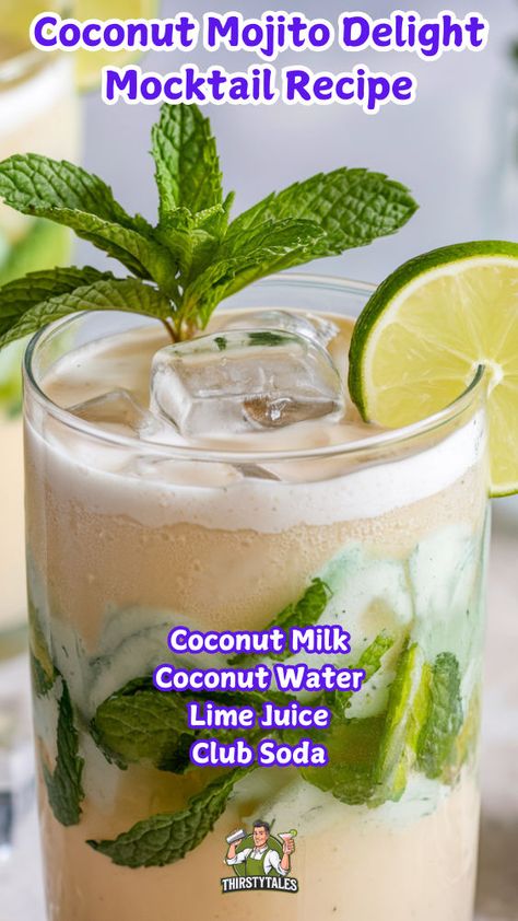 "Discover the ultimate Coconut Mojito Delight Mocktail Recipe! This refreshing drink combines the tropical flavors of coconut and mint, perfect for summer sipping. Ideal for those seeking non-alcoholic beverages, this mocktail is a must-try among mocktail recipes. Enjoy a taste of paradise with our Coconut Mojito, a delightful addition to your collection of summer cocktails and tropical mocktails. Cheers to refreshing drinks that everyone can enjoy!" Non Alcoholic Coconut Mojito, Peach Mojito Mocktail, Coconut Milk Mojito, Coconut Mocktail Recipes, Healthy Mojito Recipe, Pineapple Coconut Mojito, Coconut Mojito Recipe, Rose Birthday Party, Drinks Mocktail