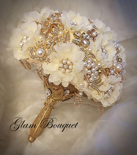 Gold & Ivory Jewelry Bouquet - $499.00 – GLAM BOUQUET Glam Bouquet, Wedding Bouquet Cascading, Jewelry Bouquet, Brooch Bouquet Diy, Quinceanera Bouquet, Ivory Jewelry, Jeweled Bouquet, Quinceanera Dresses Gold, Gold Schmuck