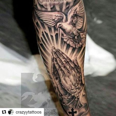 Religous Tattoo, Religious Tattoo Sleeves, Praying Hands Tattoo Design, Praying Hands Tattoo, Dove Tattoos, Heaven Tattoos, Dove Tattoo, Forarm Tattoos, Forearm Sleeve Tattoos