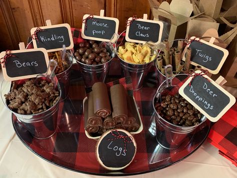 Moose Party Theme, Lumber Jack Party Games, Adventure Theme Party Food, Lumberjack Dessert Table, Lumberjack Themed Food, Lincoln Log Birthday Party, Lumberjack Party Food Ideas, Adventure Awaits Food Ideas, Lumberjack Wedding Ideas