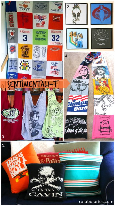 Ideas for gently repurposing T-shirt keepsakes. What to do with them if you never wear them but they're too meaningful to truly upcycle? This round up includes links to DIYs and professionals who'll do it for you. Keepsake Tshirt Ideas, T Shirt Memory Ideas, What To Do With Old T Shirts, Old T Shirt Ideas, Old Tshirt Ideas, Repurposed Tshirt, Upcycle T Shirts, Old Tshirt, Diy Projects To Make And Sell