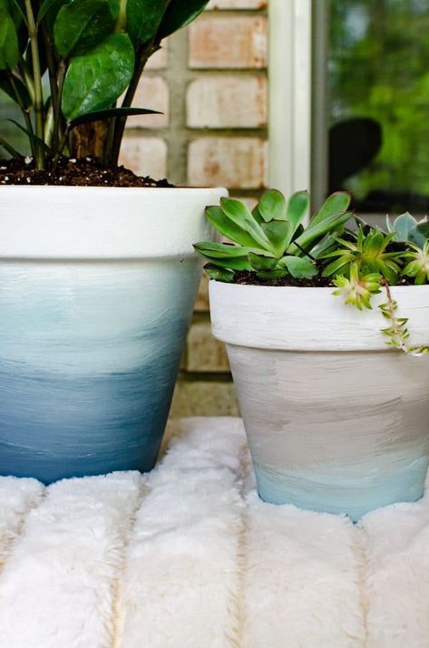 Ombre Pottery Painting, Terra Cotta Pot Crafts Diy Garden Ideas, Plant Pot Painting Ideas Simple, Easy Terra Cotta Pot Painting, Painting Clay Pots Terra Cotta, Renters Garden, Terra Cotta Pot Painting Ideas, Painting Terra Cotta Pots Ideas, Painted Flower Pots Terra Cotta