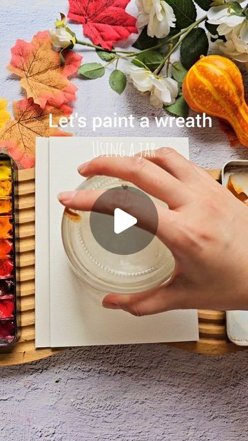 Joly Poa on Instagram: "Let's paint an autumn wreath using a jar 🧡 Check out my autumn watercolor classes on @skillshare 🍂" Thanksgiving Watercolor Cards Tutorial, November Watercolor Ideas, Autumn Flowers Watercolor, Watercolor Fall Wreath, Fall Watercolor Flowers, Thanksgiving Watercolor Ideas, Thanksgiving Watercolor Art, Watercolor Wreath Tutorial, Water Color Wreath