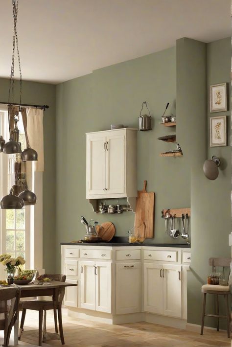 home decor interior design, interior bedroom design, kitchen designs, home paint colors Kitchen With Colored Walls, Paint Colour For Kitchen Walls, Sage Walls Kitchen, Kitchen Wall Paint Colors 2024, Green Walls In Kitchen, Small Kitchen Paint Ideas, Sage Kitchen Walls, Color For Kitchen Walls, Paint Colors Kitchen Walls