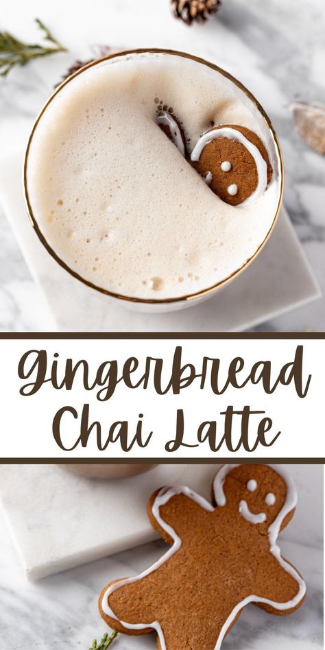 This Gingerbread Chai Latte is a cozy holiday tea latte that tastes like Christmas in a mug. This recipe can be made with chai tea bags or chai concentrate and can easily be turned into a copycat recipe of Starbucks’ Iced Gingerbread Oatmilk Chai Latte. Gingerbread Oatmilk Chai Latte Starbucks, Gingerbread Oatmilk Chai Recipe, Starbucks Gingerbread Chai, Gingerbread Chai Latte Starbucks, Gingerbread Chai Latte, Christmas Starbucks Drinks Iced, Winter Latte Recipes, Chai Tea Recipes, Iced Chai Tea Latte Recipe