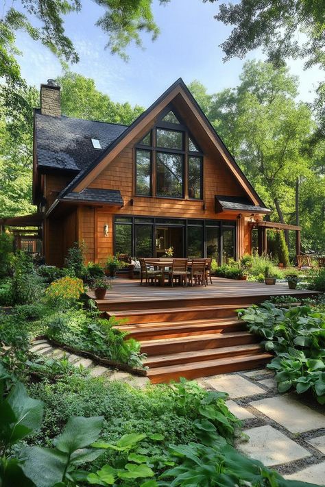 Woody House Exterior, Wooden Cottage House, Woody House, Wooden Homes, Village Cottage, Gabled Roof, Cottage Houses, Cedar House, House Aesthetics