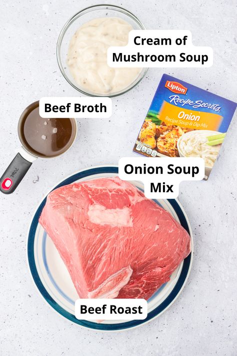 Easy Slow Cooker Pot Roast With Onion Soup Mix Crockpot Roast With Cream Of Mushroom, Lipton Onion Soup Roast Slow Cooker, Beefy Onion Pot Roast, Slow Cooker Pot Roast With Onion Soup, Crock Pot Roast Onion Soup, Roast Cream Of Mushroom Soup Crock Pot, Crock Pot Pot Roast Onion Soup, Beef Roast With Onion Soup Mix Crock Pot, Roast In Crockpot With Onion Soup