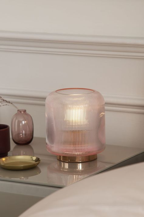 Ribbed Glass Lamp, Ambient Table Lamp, Cute Bedroom Lamps, Pink Glass Lamp, Small Bedside Lamp, Battery Table Lamp, Bedside Lamps Ideas Bedrooms, Bedside Table Small Space, Bedroom Lamps Bedside