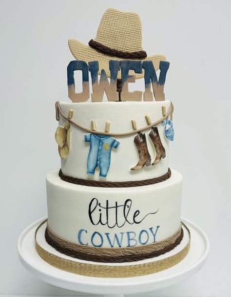 Cowboy Theme Baby Shower Cake, A Little Cowboy Is On His Way Cake, Western Baby Shower Cake For Boys, Western Theme Baby Shower Ideas Boys, Country Baby Shower Ideas For Boys, Vaquero Baby Shower Ideas, Cowboy Theme Baby Shower Ideas, 1st Rodeo Cake, Little Cowboy Baby Shower Ideas