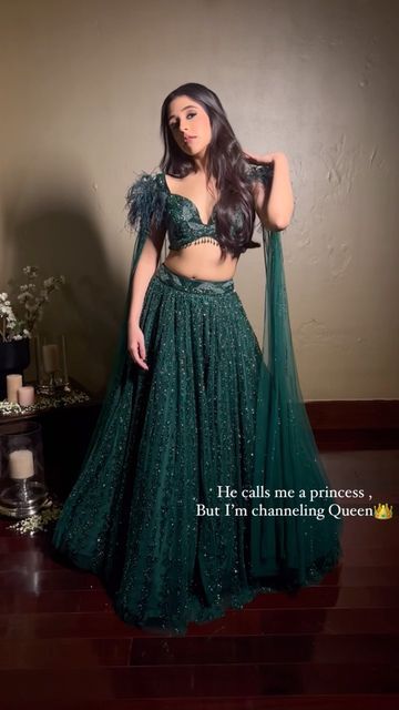 Isa by Dolly Wahal on Instagram: "He calls me a princess, but I’m channeling queen 👑 Got the dreamiest vibe in our emerald green lehenga💚 These jewel tones have us falling in love- the perfect cocktail/reception look, don’t you think ?✨ Muse @siyawahal MUA @bridalmakeupartist_jyotikaria #isabydollywahal #trendingreels #trending #reelsinstagram #bridetobe #receptionlook #receptionbride #receptionlehengas #cocktailoutfit #cocktaildress #bridalinspiration #weddinglehenga #weddinginspiration #re Trending Sangeet Outfits, Cocktail Night Outfit Indian, Green Reception Lehenga, Emerald Green Lengha, Emerald Lehenga, Sangeet Outfit Bridal, Emerald Green Lehenga, Trending Lehenga Designs, Reception Looks