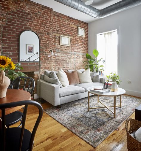 Exposed Brick Walls Living Room, Exposed Brick Living Room, Living Room With Brick Wall, Brick Wall Living Room, Brick Wall Decor, Brick Living Room, Brick Interior Wall, Girl Apartment, Brick Interior