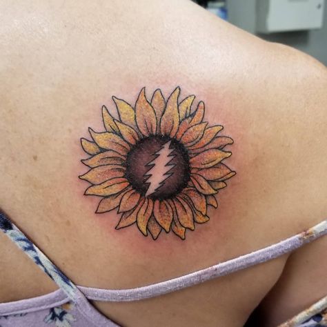 Grateful Dead Tattoo Ideas, Grateful Dead Tattoo, Peace Sign Tattoos, Bolt Tattoo, Grateful Deadhead, Hippie Tattoo, Sternum Tattoo, Tasteful Tattoos, Sunflower Tattoo