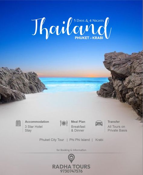 Calm, Relaxing Thailand with Radha Tours 2N Phuket & 2N Krabi Contact us - 9730747576 Phuket City, Travel Advertising Design, Travel Advertising, Hotel Breakfast, Phi Phi Island, Graphic Design Ads, Graphic Wallpaper, Krabi, Phuket