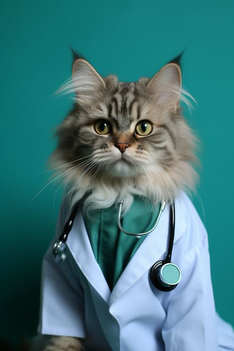 portrait photography of a grey cat dressed as a doctor, green background. Doctor Cat, Science Cat, Cat Profile, Cat Exercise, Top Cat, Cat Cuddle, Super Cat, Silly Dogs, Cat Photography