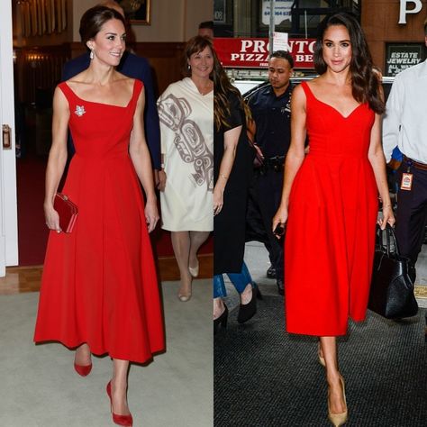 Ladies in red  The brunette beauties know how to make a statement in bold red dresses. Prince George's mom looked elegant in a Preen dress during her 2016 visit to Canada, while Meghan brought color to the streets of New York in her scarlet frock. The Suits actress previously admitted to HELLO! Canada, "Fashion can change your mood." Moda Kate Middleton, Suits Actress, Princess Kate Style, Kate Middleton Hair, Kate And Meghan, Prinz Harry, Meghan Markle Style, Estilo Real, Pippa Middleton