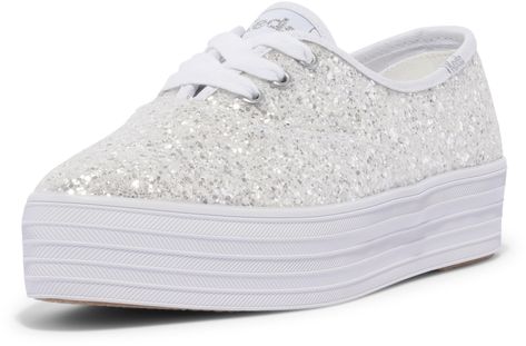 PRICES MAY VARY. Glitter upper Lace-up platform sneaker Pointed toe Soft, breathable twill lining 10% recycled PU foam Softerra footbed Bride Tennis Shoes, Wedding Sneakers, Point Lace, Platform Sneaker, White Glitter, Fashion Sneakers, Keds, Tennis Shoes, Mother Of The Bride