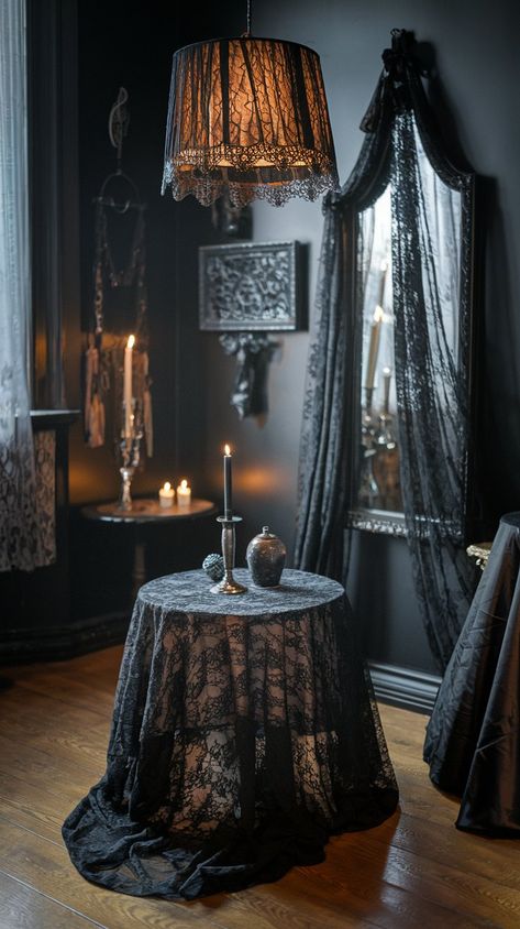 29 Gothic Home Decor Ideas for a Dramatic Makeover Diy Gothic Furniture, Gothic Romance Aesthetic Bedroom, Goth Glam Decor, Victorian Gothic Bedroom, Southern Gothic Decor, Goth Princess Aesthetic Room, Gothic Sleigh Bed, Gothic Lampshade, Dark Academia Goth