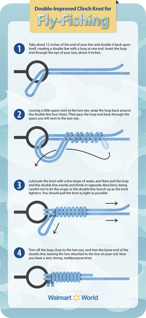 Follow these four steps to tie a double-improved clinch knot for fly-fishing. How To Tie A Fishing Hook Knots, Tie Fishing Line Knot, Bass Boat Ideas, Loop Knot Fishing, Fisherman’s Knot, Fly Fishing Boats, Grinner Fishing Knot, Clinch Knot, Fly Fishing Knots