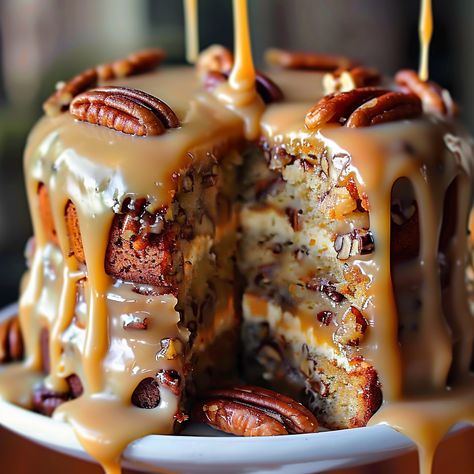 Banana Pecan Caramel Layer Cake Banana Flavored Cake, Caramel Layer Cake, Moist Banana Cake, Patty Melt Recipe, Butter Pecan Cake, Salmon Patties Recipe, Comfort Desserts, Cake Layers, Pecan Cake