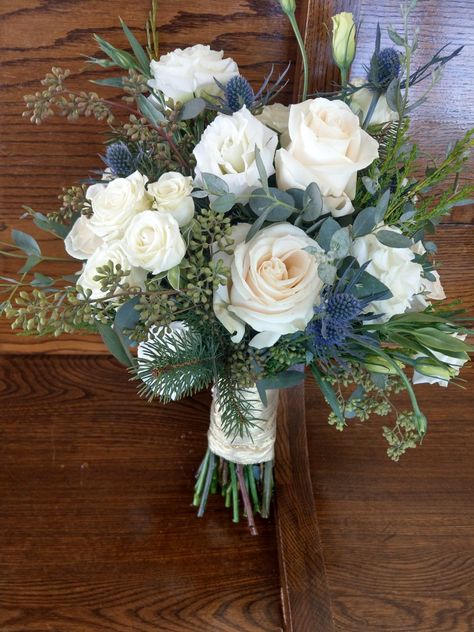 Winter Wedding Bouquet Blue And White, Sage Green And Navy Blue Bouquet, Bridal Bouquet With Thistle, Prom Flowers 2023, Blue Thistle Wedding Bouquet, Wedding Flowers Blue And Green, Artificial Wedding Bouquets Diy, Wedding Bouquet With Thistle, Blue Winter Bouquet