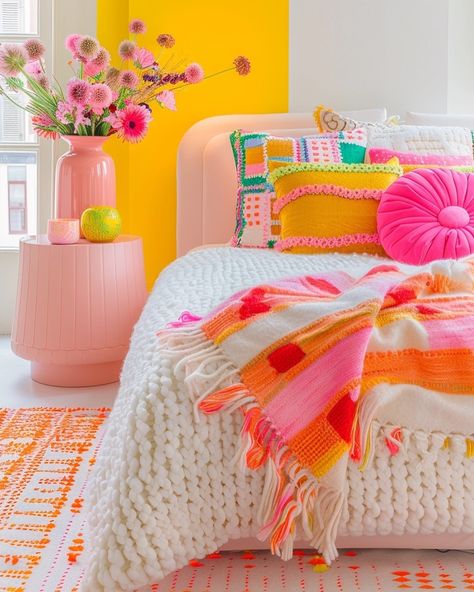 Bright Colours Aesthetic, Bright Girls Bedroom, Bright Colorful Bedroom, Colorful Girls Bedroom Ideas, Yellow Girls Bedroom, Colorful Kids Bedroom, Bright Kids Room, Pastel Interior Design, Girl Apartment Decor