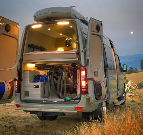 Tent Camping Tips, Bike Storage In Van, Sprinter Van Camper, Big Van, Bus Ideas, Van Dwelling, Sprinter Van Conversion, Kombi Home, Van Conversion Interior