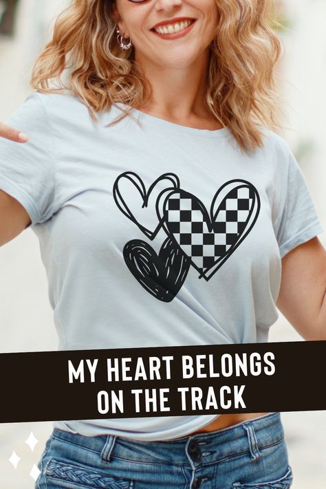 Women's Checker flag T-shirts, Dirt Track Racing Shirts for Women. Racing heart graphic design. Racing Shirt Ideas, Heart Graphic Design, Dirt Track Racing Shirts, Dirt Car Racing, Racing Quotes, Cricut Shirts, Dirt Racing, Track Racing, Dirt Track Racing