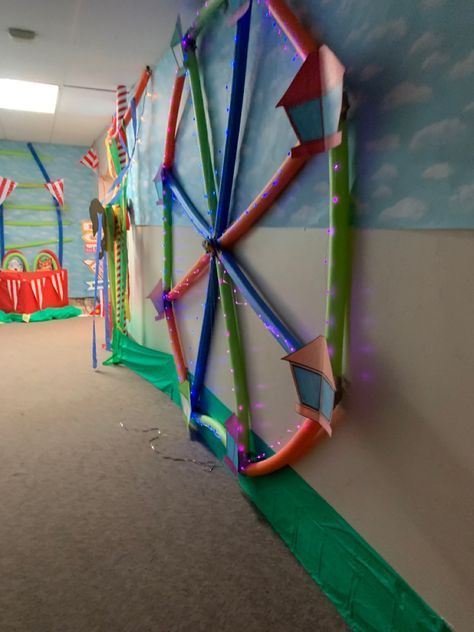 Diy Carnival Entrance, Carnival Room Transformation, Carnival Decorations Ideas Entrance, Carnival Vbs, Amusement Park Classroom Theme, Roller Coaster Costume, Carnival Entrance Arch, Carnival Classroom, School Dance Themes