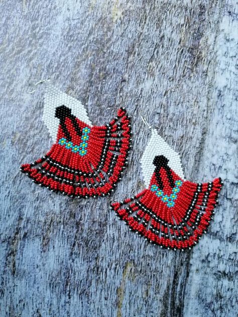 Mmiw Beadwork, Beaded Red Dress, Indigenous Crafts, Christian Earrings, Sunset Earrings, Native Earrings, Native American Beadwork Patterns, Native Beading, Earrings Native American