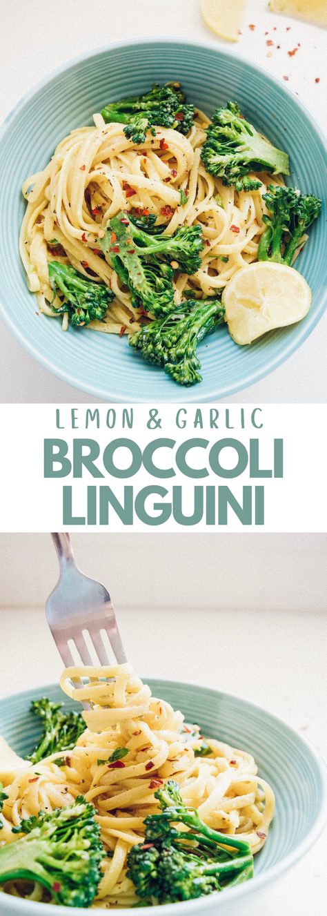 This Cheezy Lemon and Garlic Broccoli Linguini is a weeknight dinner dream! An easy recipe with simple ingredients means minimal effort for you, without sacrificing tastiness. You would never know this creamy, cheezy pasta is vegan, the entire family will love it! #dinneridea #pasta #vegan #dairyfree #linguini #broccoli #recipe #easyrecipe #dinner #cheesypasta Lemon Garlic Broccoli Pasta, Minimal Ingredient Recipes, Breastfeeding Meals, Pasta Lemon, Lemon Broccoli, Lemon Vegan, Linguini Pasta, Pasta Board, Pasta Vegetarian