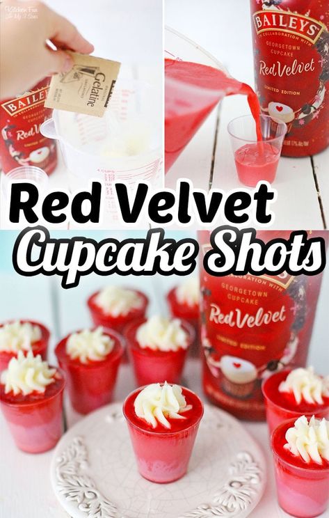 Red Pudding Shots, Red Velvet Pudding, Boozy Cupcakes Recipes, Boozy Recipes, Shots Alcohol Recipes, Red Snacks, Baileys Drinks, Infused Cupcakes, Boozy Cupcakes