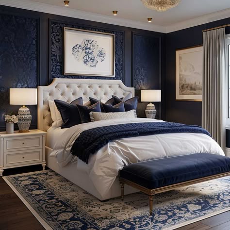 7+ Timeless Master Bedroom Wall Decor Ideas in Navy • 333k+ Inspiring Lifestyle Ideas Navy Palette, Bedroom Wall Decor Ideas, Dark Blue Bedrooms, Navy Blue Bedrooms, White Wall Bedroom, Inspiring Lifestyle, Silver Bedroom, Bedroom Frames, Luxe Bedroom