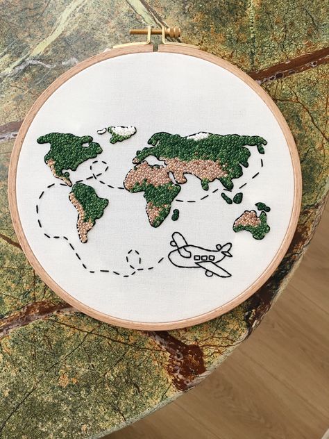 #worldmap #embroidery World Map Embroidery, Map Embroidery, Embroidery Hoop Art Diy, Embroidery Stitches Beginner, Embroidery Hoop Crafts, Simple Hand Embroidery Patterns, Miniature Embroidery, Embroidery Funny, Beginners Embroidery