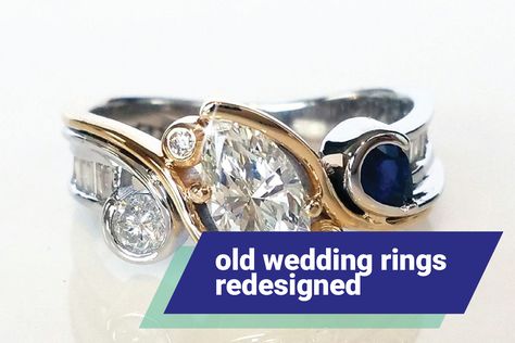 Old wedding rings redesigned Heirloom Jewelry Redesign Before And After, Redesign Wedding Rings, Redesigned Wedding Rings After Divorce, Custom Rings From Old Jewelry, Redesigned Wedding Rings, Divorce Rings, Jewelry Redesign, Divorce Ring Redesign, Repurpose Wedding Rings