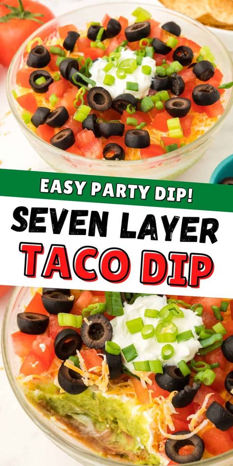 This layered taco dip is the best party appetizer! Plus it's quick and easy to make with refried beans, sour cream, guacamole, and all your favorite taco toppings. Seven Layer Taco Dip, Layer Taco Dip, Taco Dip Easy, 7 Layer Taco Dip, Taco Dishes, Layered Taco, Layered Taco Dip, Canning Refried Beans, Taco Dip Recipe