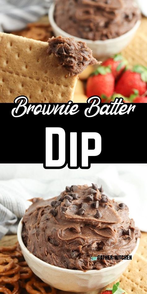 Top is a closeup of brownie batter dip on the corner of a graham cracker, middle says "Brownie Batter Dip" and bottom is a bowl with brownie batter dip in it. Pumpkin Pie Fluff, Dessert Dips For Parties, Christmas Dessert Dip, Candy Cane Dip, Dip Thanksgiving, Brownie Batter Dip Recipe, Gingerbread Dip, Chocolate Chip Cheesecake Dip, Peppermint Dip