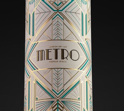 Javier Garduño Estudio De Diseño - METRO Gin - World Brand Design Society / Packaging design for Metro gin. It is inspired by the aesthetics of the film Metropolis and the art deco of the 1920s. A stylized bottle together with a label with an impeccable printing technique, make this gin spectacular and elegant at the same time. Spain Design Graphic, Art Deco Logo Design Brand Identity, Art Deco Web Design, Art Nouveau Packaging, Art Deco Logo Design, Art Deco Branding, Art Deco Packaging, Art Deco Graphic Design, Gin Packaging