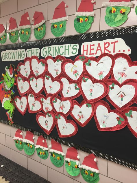 Grinch Bulletin Board Ideas Preschool, Grinch School Door, Grinch Classroom Door Ideas, Grinch Bulletin Board Ideas, Grinch Classroom Door, Grinch Bulletin Board, Grinch Day At School, Grinch Heart Grew, Sunshine Committee