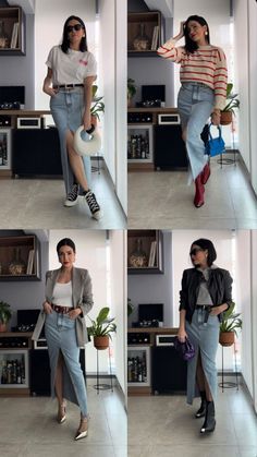 Black Vintage Tshirt Outfit, Preppy Denim Skirt Outfit, Long Denim Skirt Outfit Work, Denim Maxi Skirt Outfit Spring, Evereve Outfits 2023, Rainy Day Bar Outfit, How To Style Maxi Denim Skirt, 33 Year Old Woman Style, Style Long Jean Skirt