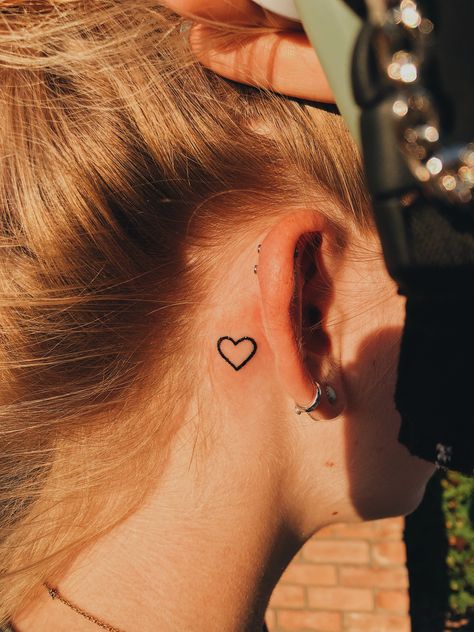 Heart Tattoo Small Behind Ear, Mini Heart Tattoo Placement, Tiny Heart Tattoo Behind Ear, Behind The Ear Tattoo Heart, Heart Tattoo In Ear, Behind Ear Heart Tattoo, Tiny Tattoo Behind Ear, Ear Tattoo Heart, Heart Behind The Ear Tattoo