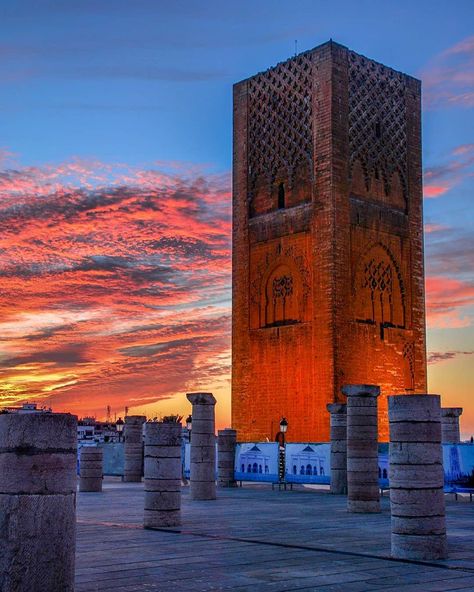 Morocco on Instagram: “Sunset over Hassan tower ❤️ Rabat, #inmorocco  _ Follow us on @moroccohotels Photo @antoncino” Rabat Morocco, Visit Marrakech, Morocco Tours, Makati City, Desert Tour, Ocean Photos, Seascape Photography, Visit Morocco, Surfing Photography