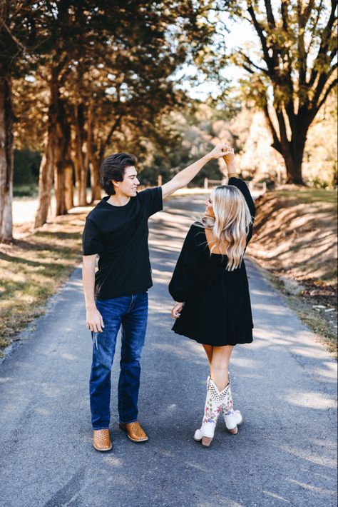 Engagement Pictures Black Dress, Engagement Photos Outfits Black Dress, Black Dress And Cowgirl Boots, Couple Photoshoot Black Dress, Engagement Photos Black Outfits, Black Outfit Couple Photoshoot, Black Dress Couple Photoshoot, Black Engagement Photos Outfits, Engagement Photos Cowboy Boots