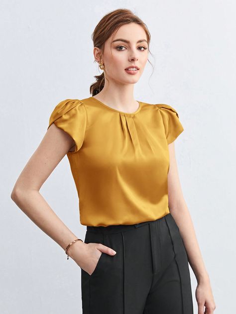 Yellow Elegant Collar Cap Sleeve Woven Fabric Plain Top Embellished Non-Stretch Summer Women Clothing Womens Work Shirt, Petal Sleeve, Satin Short, Pleated Blouse, Plain Tops, Satin Blouse, Sleeves (women), Work Shirts, Cap Sleeve