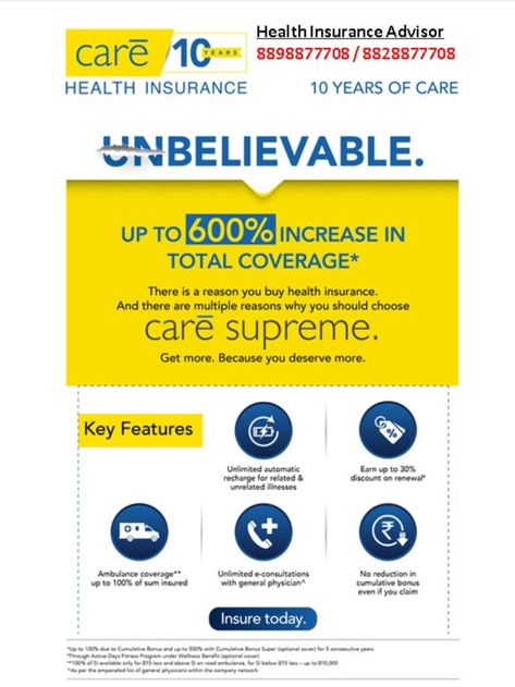 Care Supreme Health Insurance comes with unique feature which differentiate with other health insurer. - Cumulative Bonus Super rider - Annual Health Check-up - Wellness benefits - Unlimited E-Consultation - Unlimited Automatic recharge - 60 days pre and 180 days post hospitalisation Health Check Up Poster, Insurance Poster, Hiring Poster, Buy Health Insurance, Up Poster, Ear Health, Health Insurance Plans, Health Check, Health Insurance