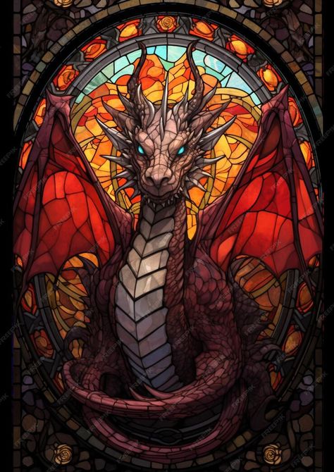 Dragon Stained Glass Art, Stained Glass Drawing, Stained Glass Dragon, Stain Glass Window Art, Dragon Artwork Fantasy, Dungeons And Dragons Classes, Fantasy Wall Art, Glass Window Art, Dragon Pictures