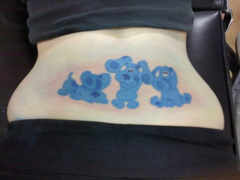 Blues Clues "See no evil, Hear no evil, Speak no evil." As a tramp stamp. Twisted irony, how I love thee! ;) Blues Clues Tattoo, Hear No Evil, Speak No Evil, Blue's Clues, Cute Little Tattoos, Blue’s Clues, Bad Tattoos, See No Evil, No Evil